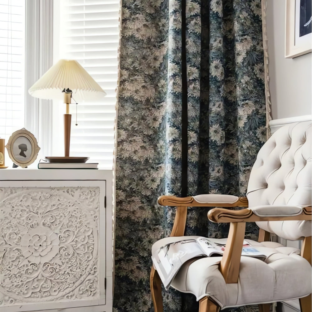 Navy Floral Print Curtains - Brushed Polyester - Boho Tassel Window Panels - Image 3