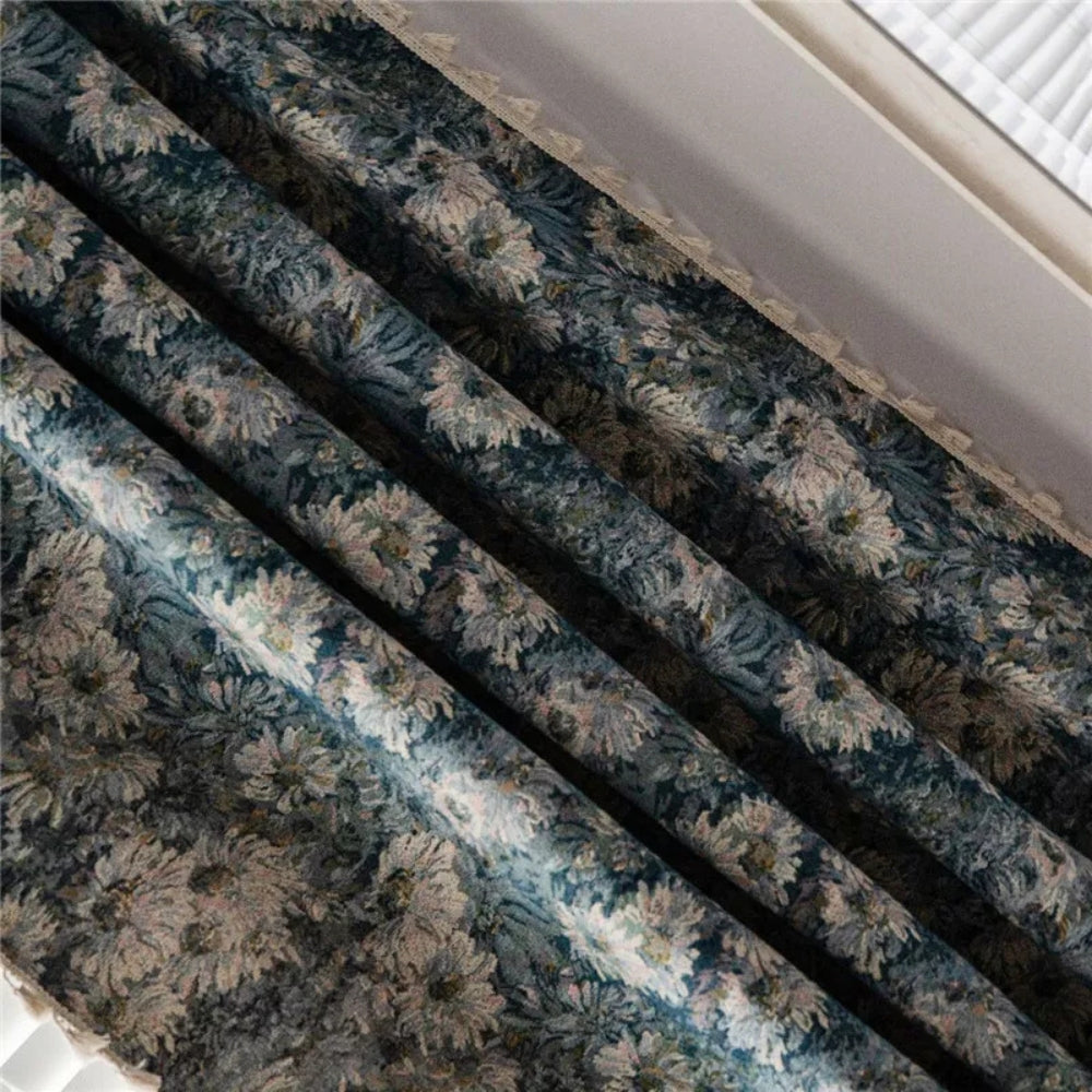 Navy Floral Print Curtains - Brushed Polyester - Boho Tassel Window Panels - Image 4