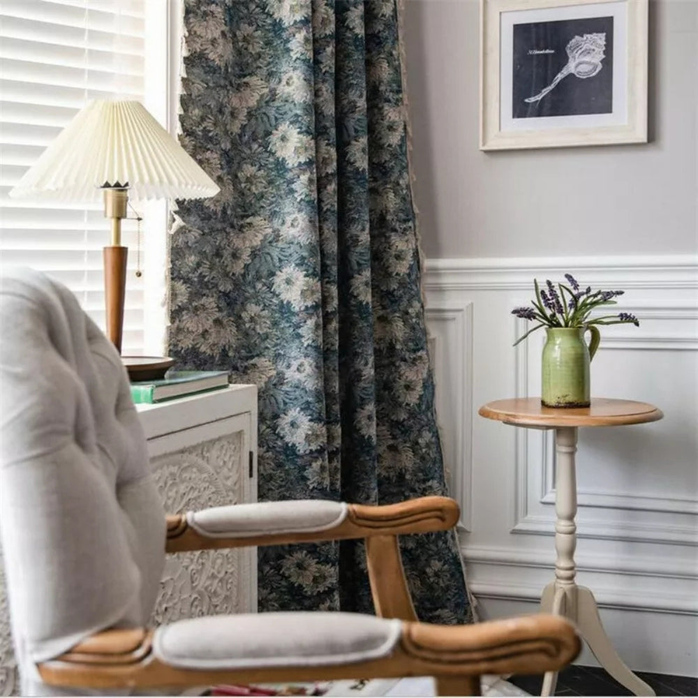 Navy Floral Print Curtains - Brushed Polyester - Boho Tassel Window Panels - Image 5