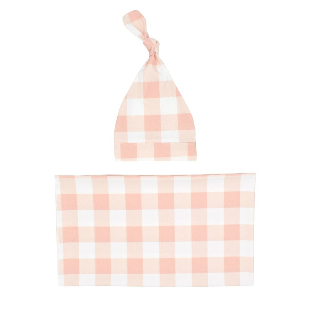 Newborn Baby Plaid Swaddle Blanket & Hat Set