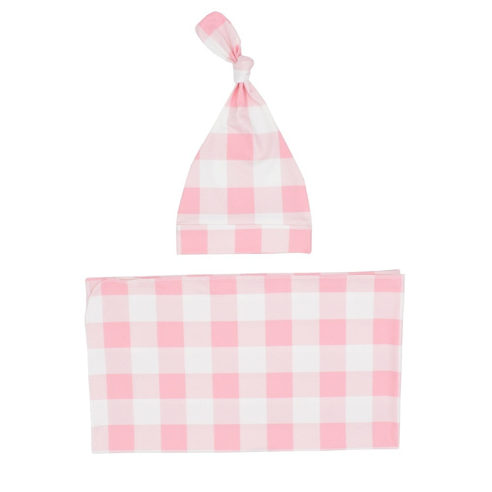 Newborn Baby Plaid Swaddle Blanket & Hat Set