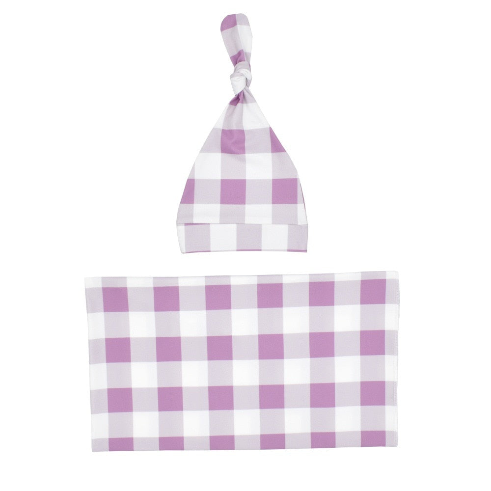 Newborn Baby Plaid Swaddle Blanket & Hat Set