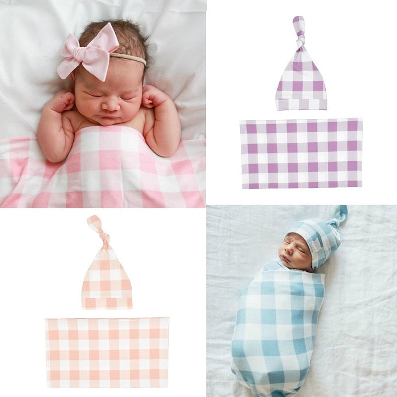 Newborn Baby Plaid Swaddle Blanket & Hat Set