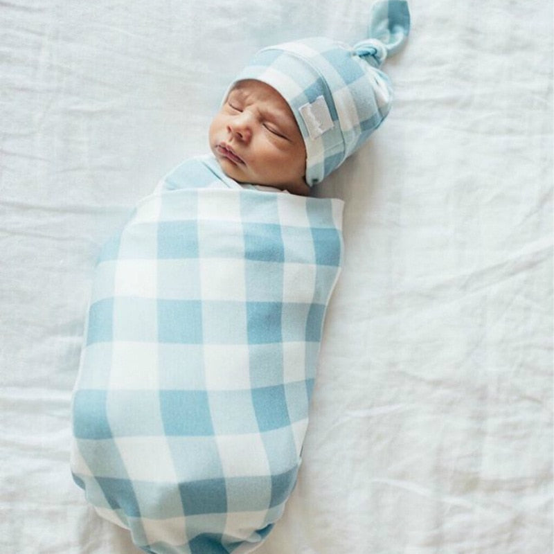Newborn Baby Plaid Swaddle Blanket & Hat Set