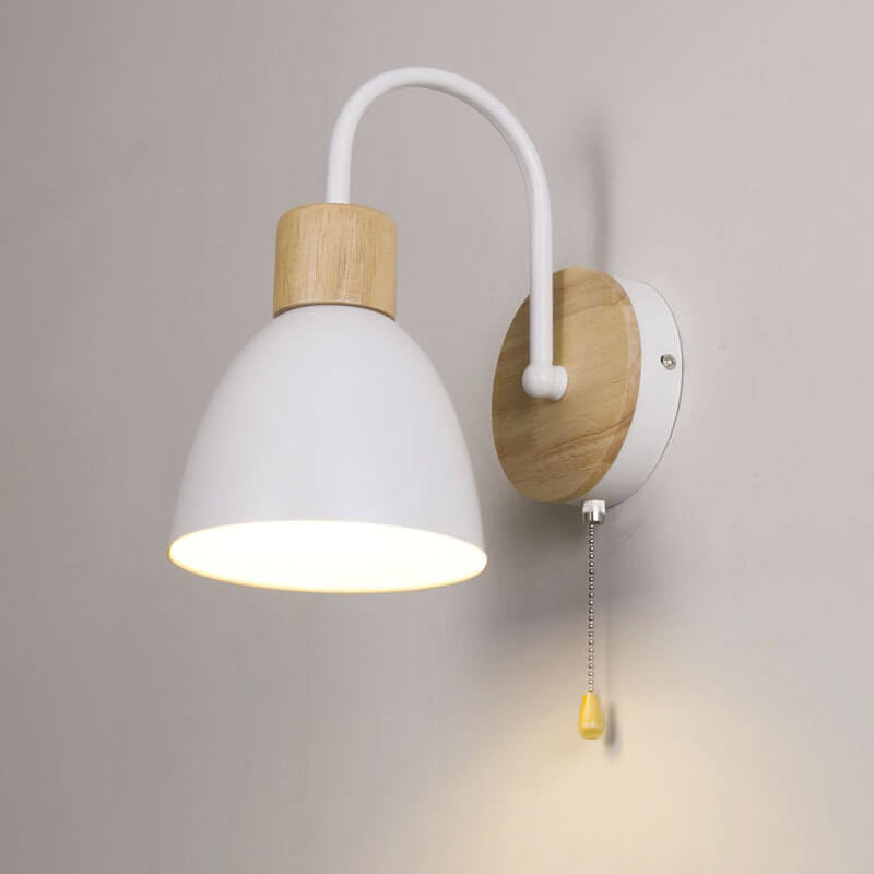 Nordic Style Wall Sconce - Wood & Iron Accent Lighting - Dome Shade with Pull Switch - Image 5