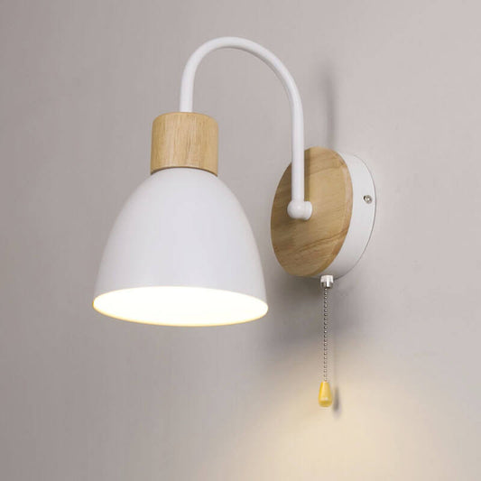 Nordic Style Wall Sconce - Wood & Iron Accent Lighting - Dome Shade with Pull Switch - Image 5