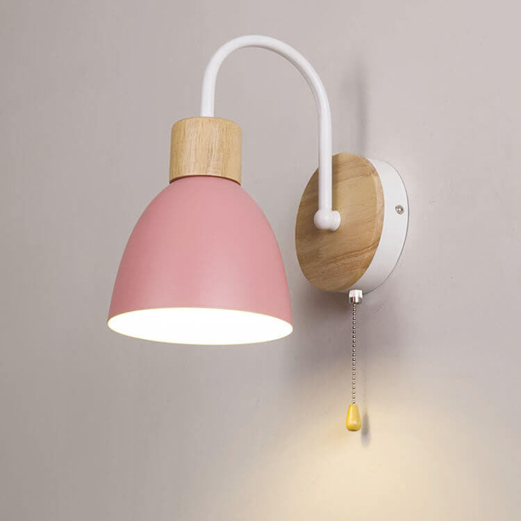 Nordic Style Wall Sconce - Wood & Iron Accent Lighting - Dome Shade with Pull Switch - Image 7