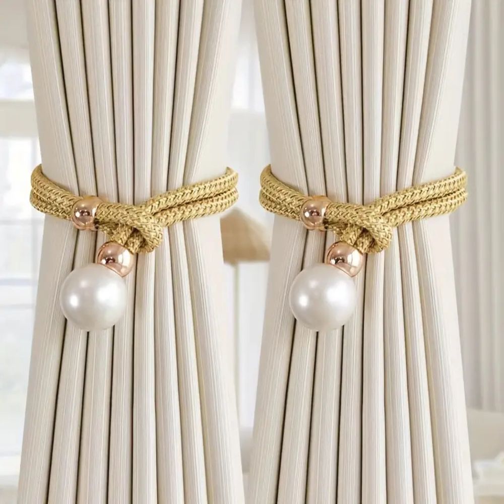 Pearl Curtain Tie Backs - Rope Binding - Set of 2 - Elegant Home Decor - Image 1