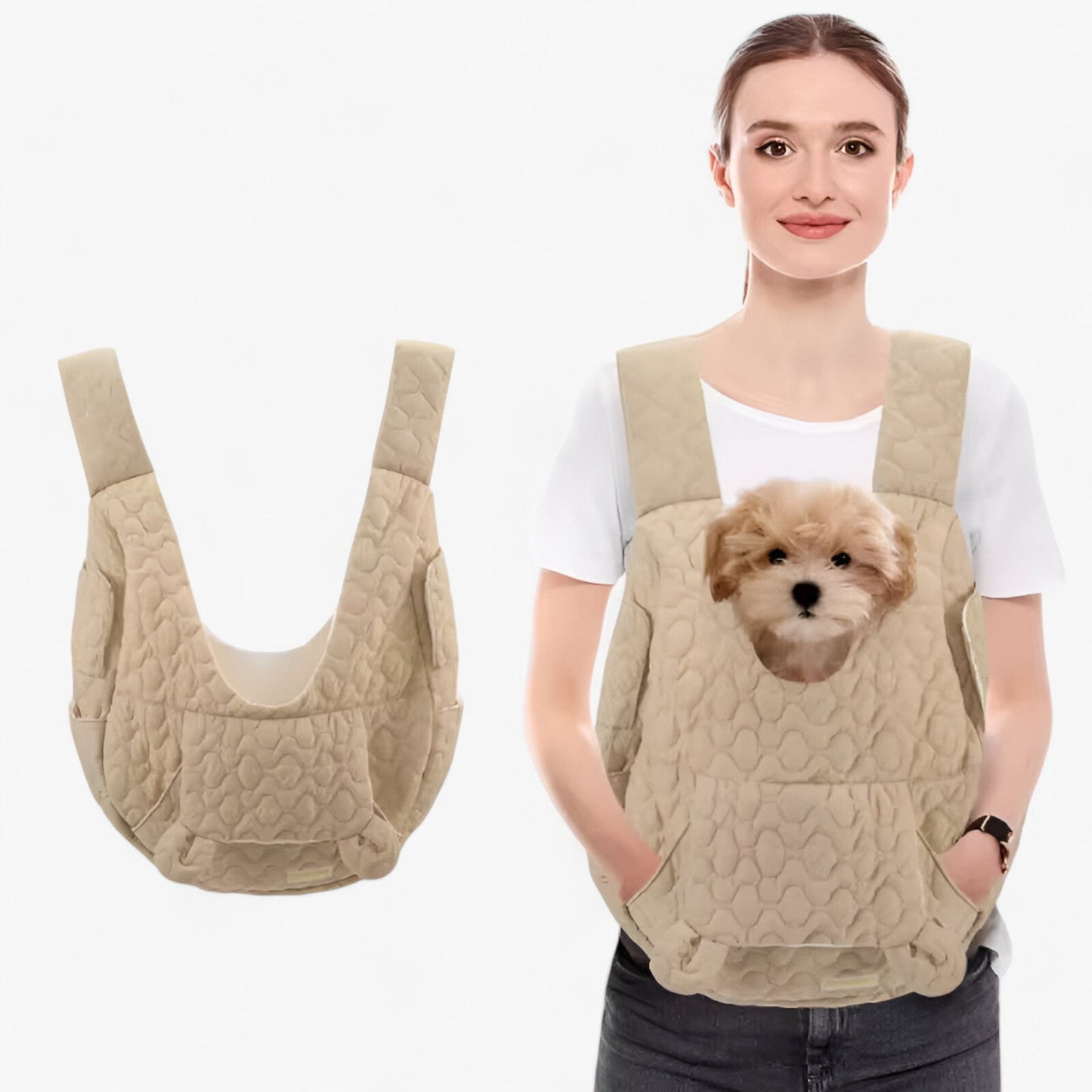 Pet Carrier - Quilted Cotton - Front Carrying Bag - Comfortable Dog & Cat Carrier - Beige - Image 4