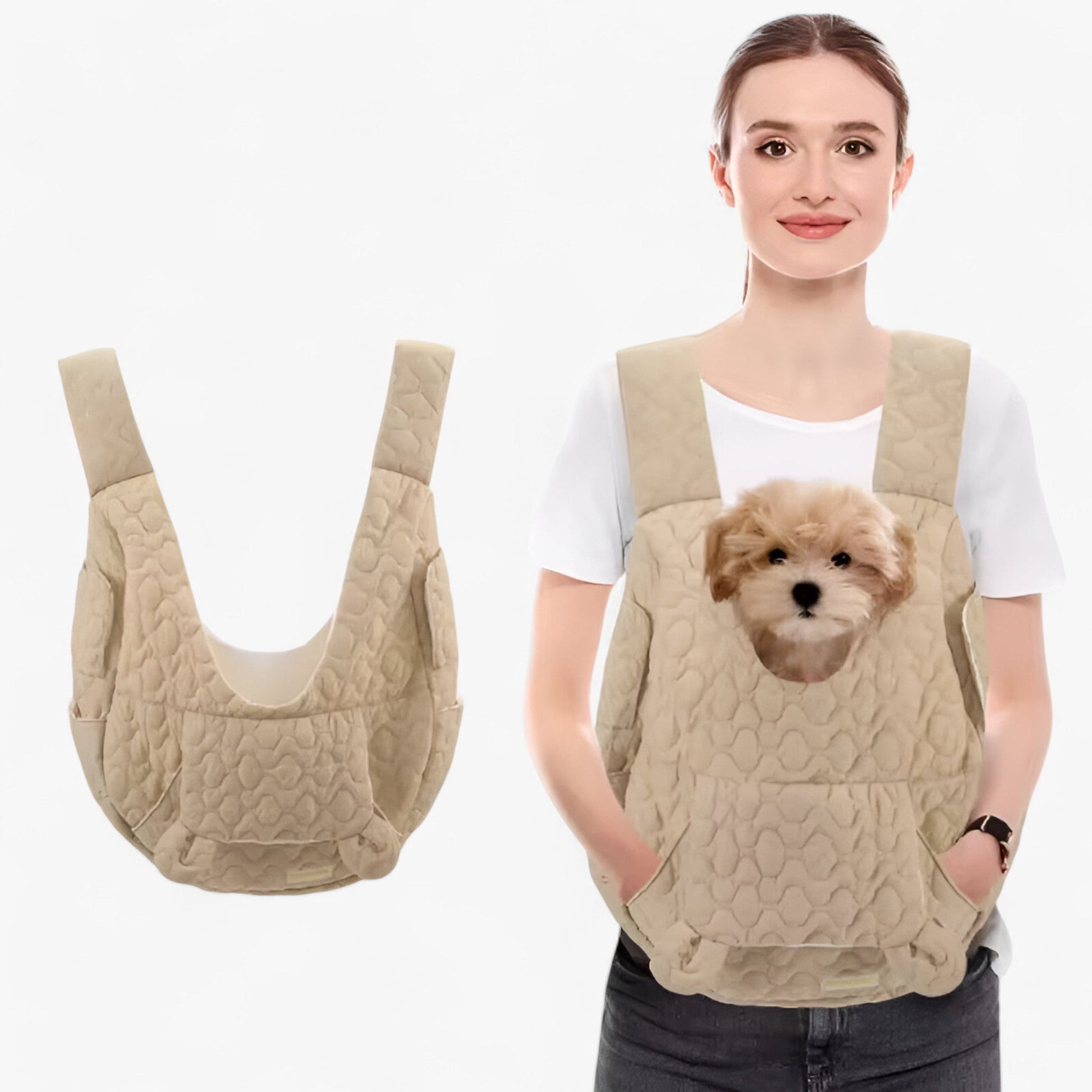 Pet Carrier - Quilted Cotton - Front Carrying Bag - Comfortable Dog & Cat Carrier - Beige - Image 4