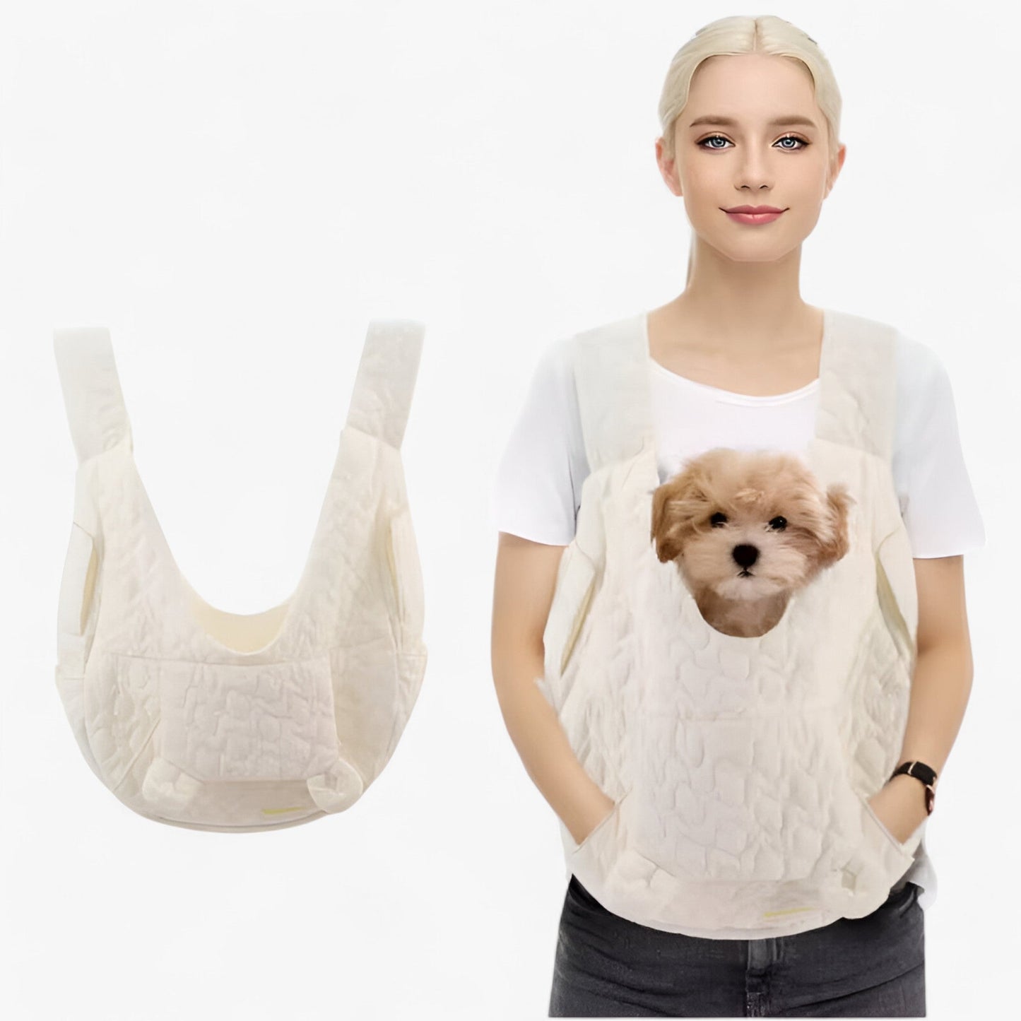 Pet Carrier - Quilted Cotton - Front Carrying Bag - Comfortable Dog & Cat Carrier - Beige - Image 6