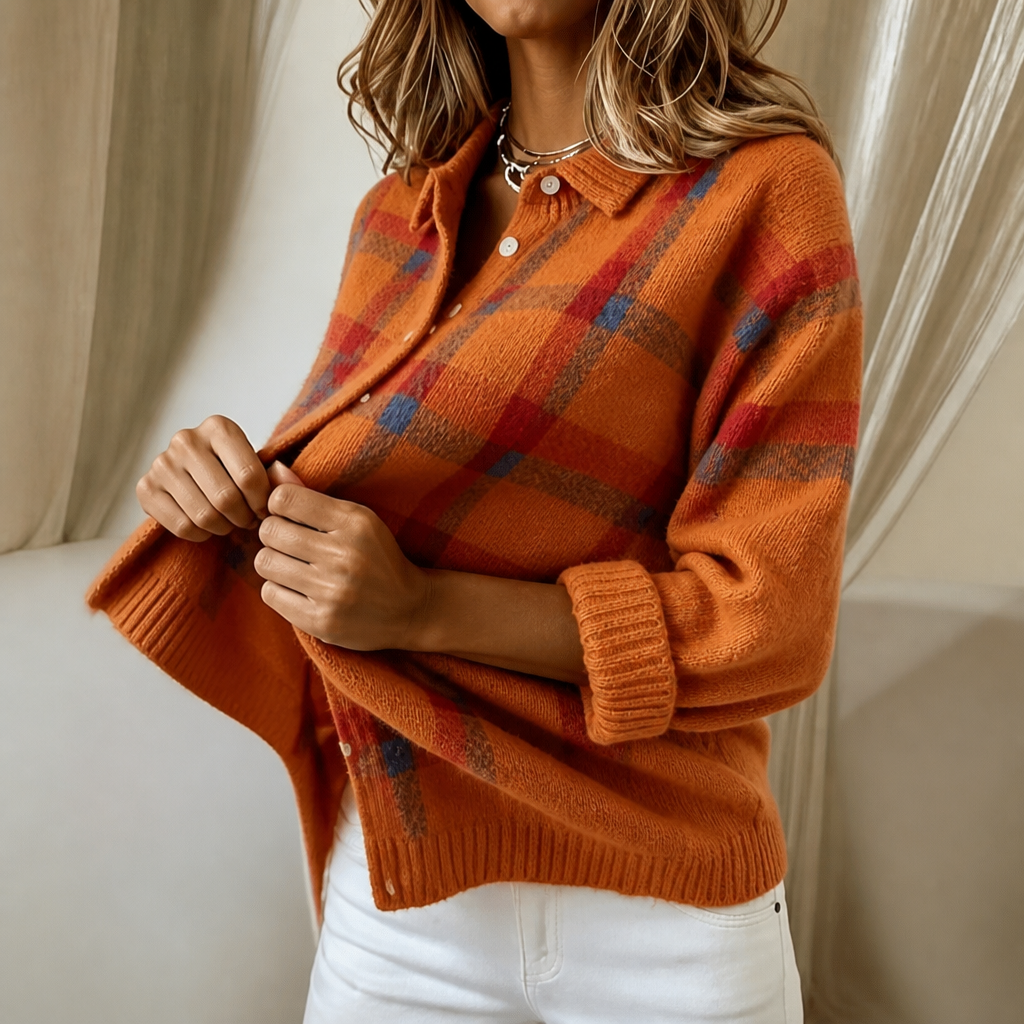 Plaid Knit Shirt-Collar Cardigan