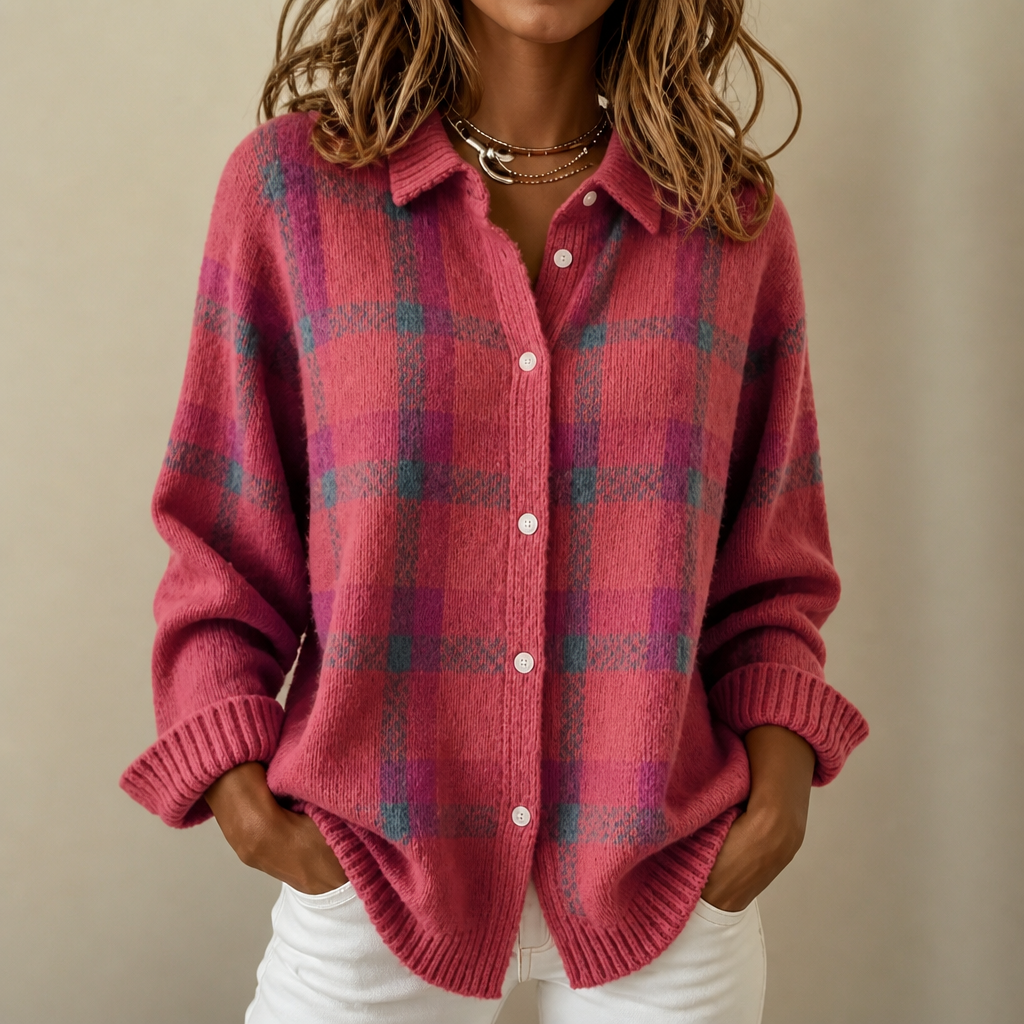 Plaid Knit Shirt-Collar Cardigan