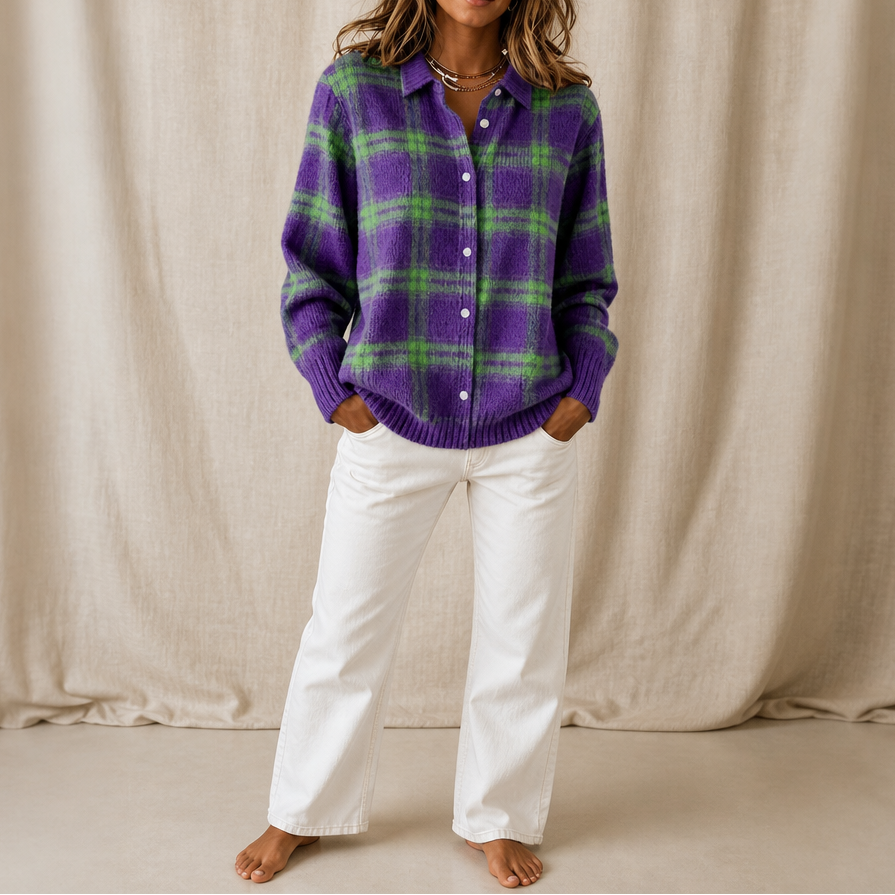 Plaid Knit Shirt-Collar Cardigan