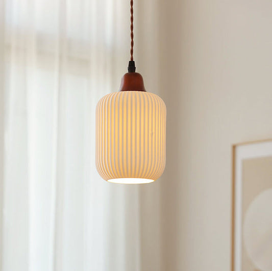 Pleated Ceramic LED Pendant Light - Modern Japanese Style Hanging Lamp - Image 1