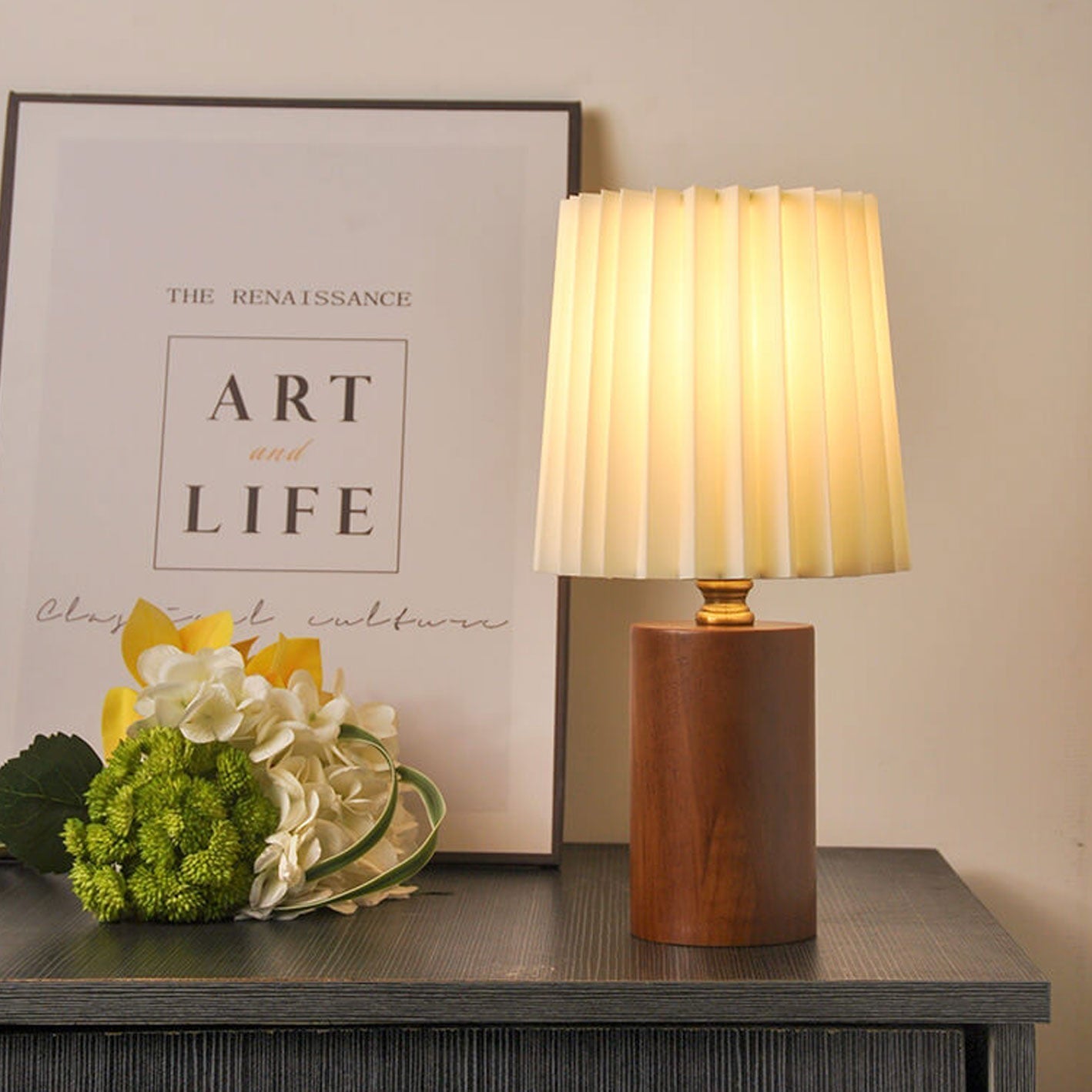 Pleated Fabric Table Lamp - Cylinder Solid Wood Base - Stylish LED Desk Light - Image 1