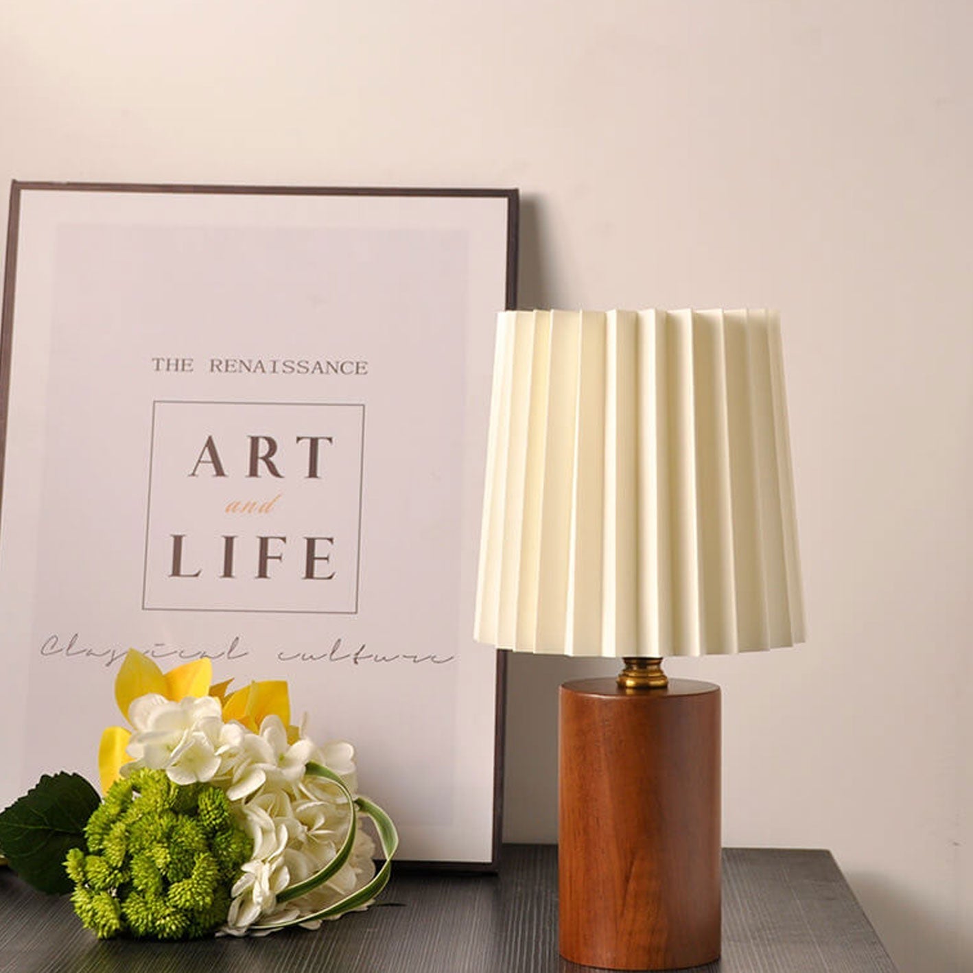 Pleated Fabric Table Lamp - Cylinder Solid Wood Base - Stylish LED Desk Light - Image 2