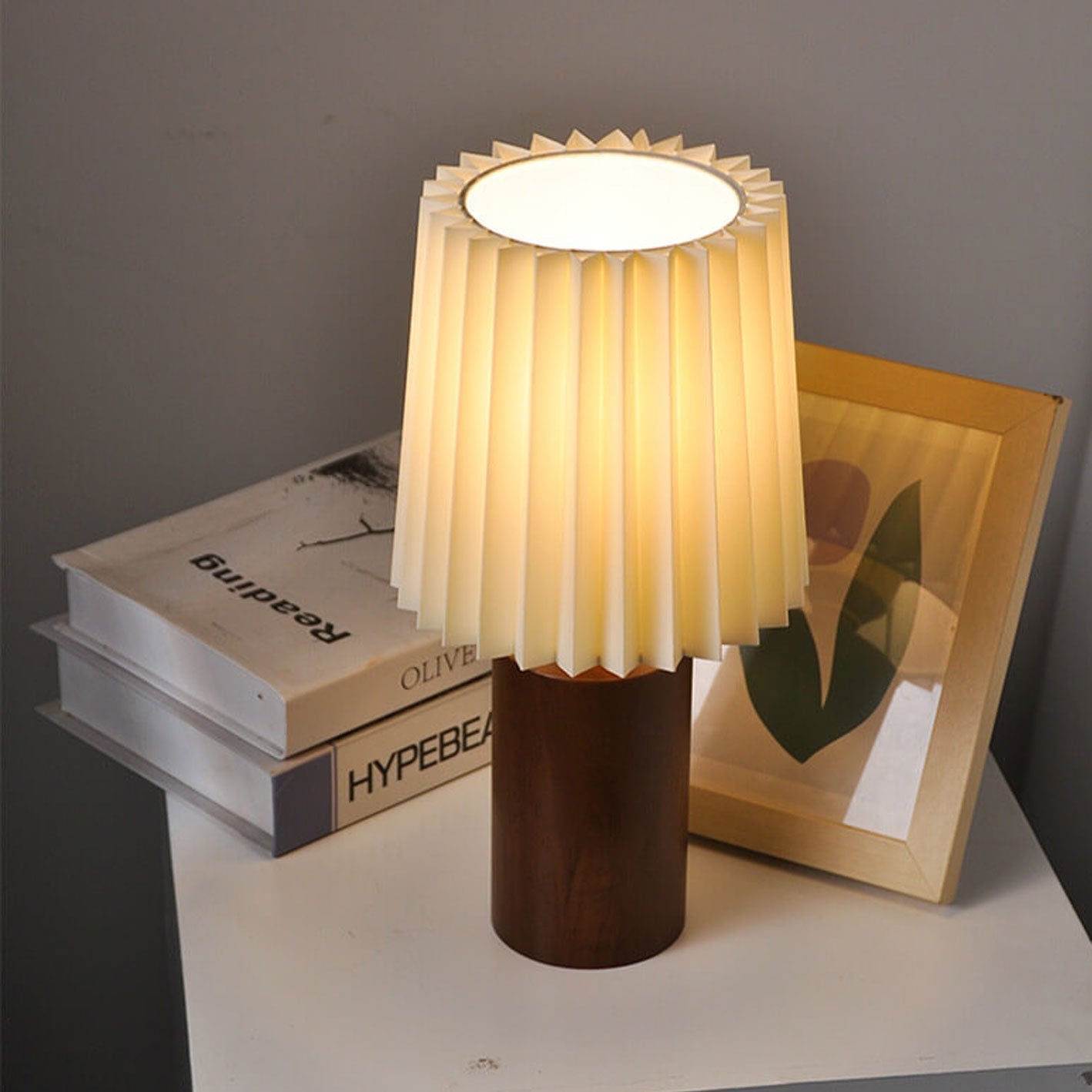 Pleated Fabric Table Lamp - Cylinder Solid Wood Base - Stylish LED Desk Light - Image 3