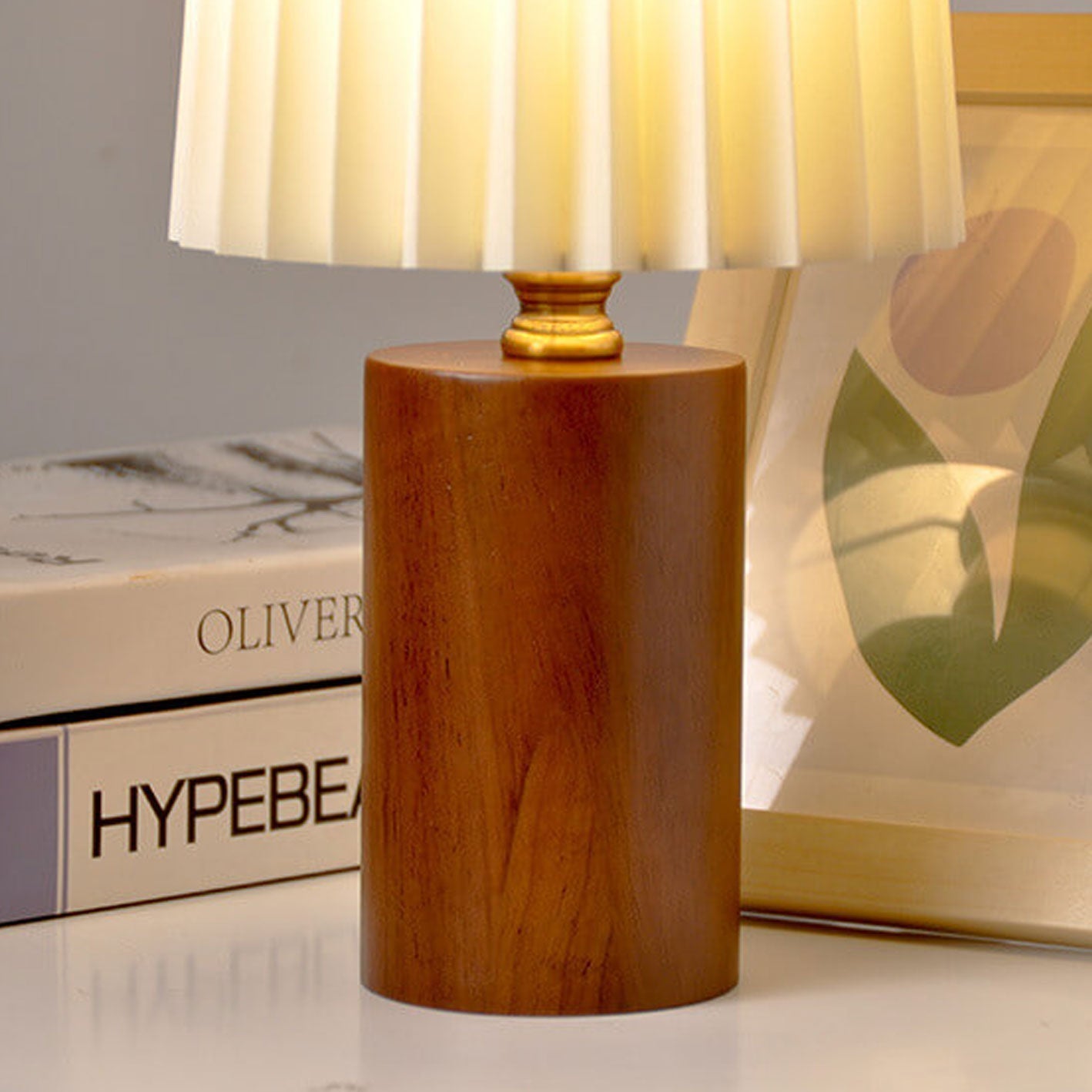 Pleated Fabric Table Lamp - Cylinder Solid Wood Base - Stylish LED Desk Light - Image 4