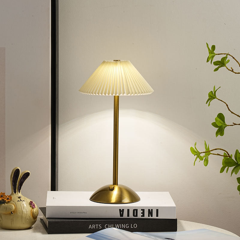 Pleated Fabric Table Lamp - Elegant Brass Finish - Rechargeable - Scandinavian Style - Image 3