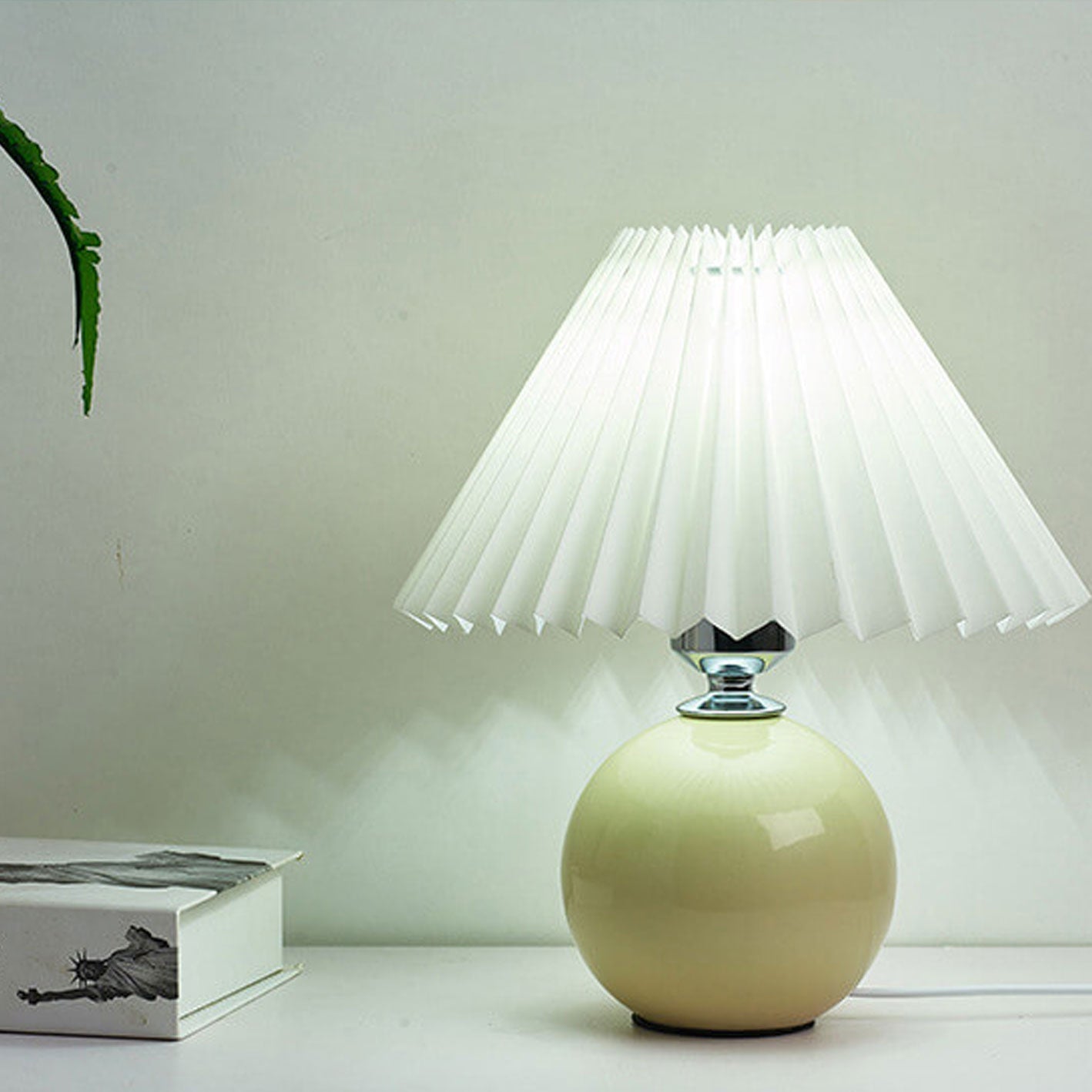 Pleated Table Lamp - Ceramic Base - Vintage Style Nightstand Lamp - Image 3