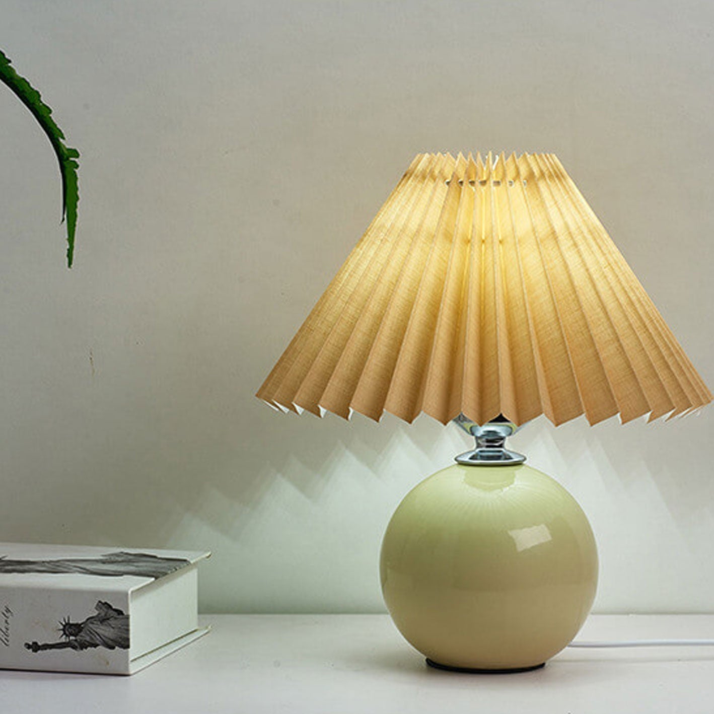 Pleated Table Lamp - Ceramic Base - Vintage Style Nightstand Lamp - Image 5