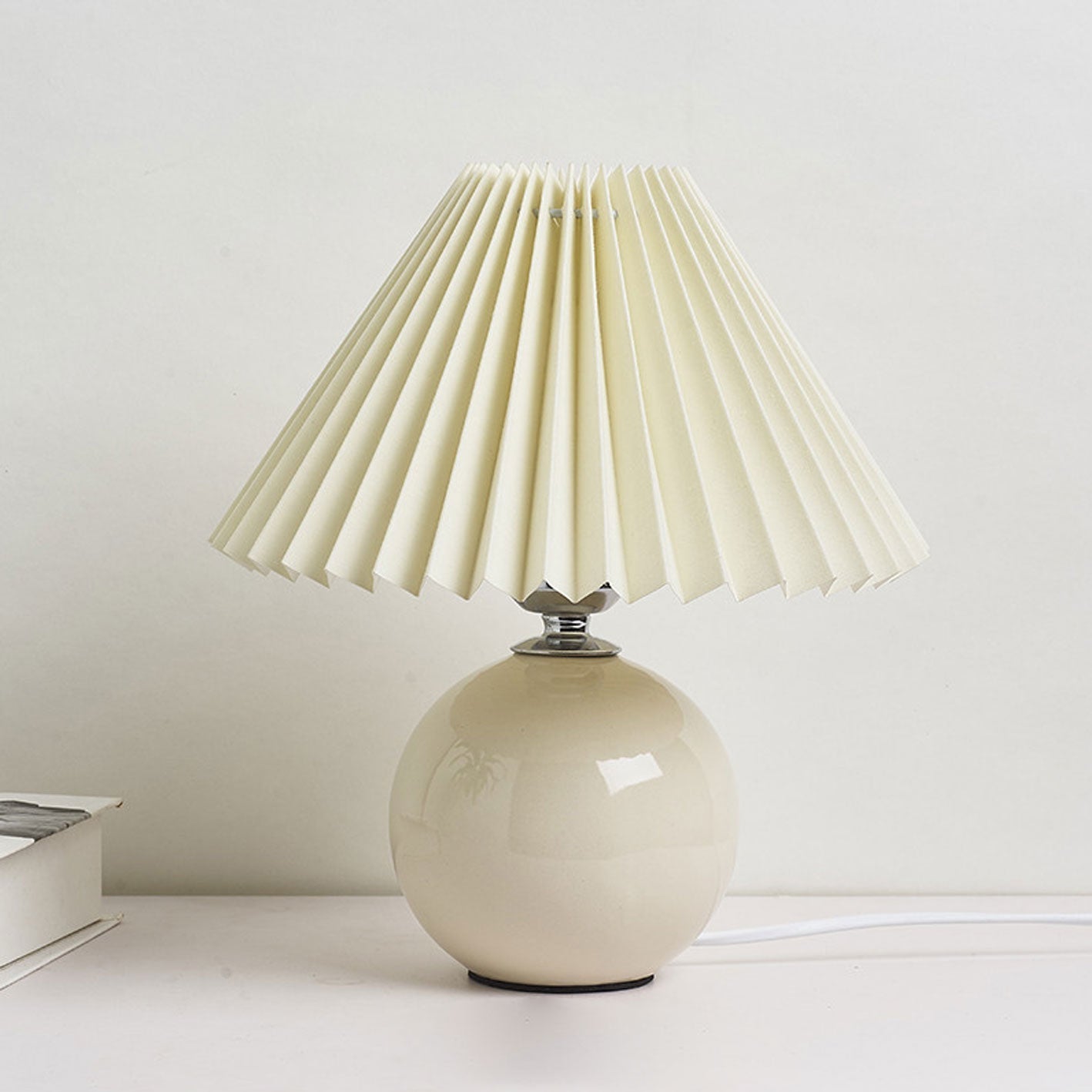 Pleated Table Lamp - Ceramic Base - Vintage Style Nightstand Lamp - Image 6