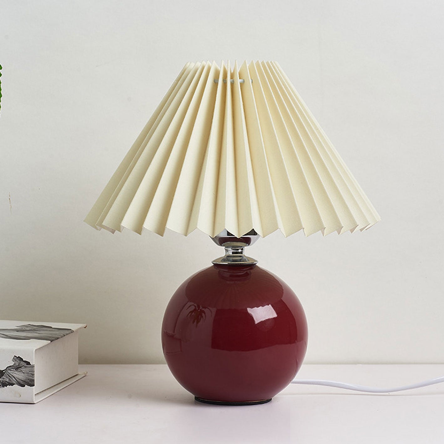 Pleated Table Lamp - Ceramic Base - Vintage Style Nightstand Lamp - Image 7