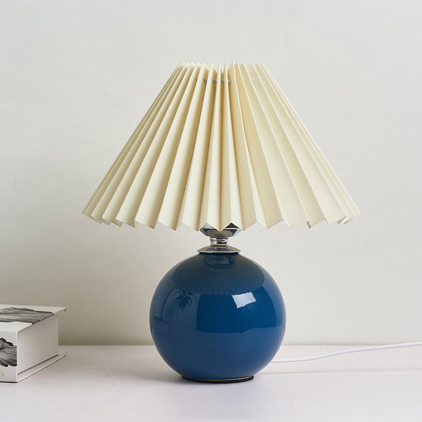 Pleated Table Lamp - Ceramic Base - Vintage Style Nightstand Lamp - Image 8