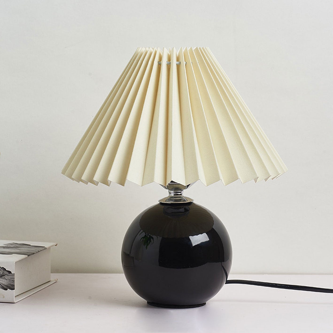 Pleated Table Lamp - Ceramic Base - Vintage Style Nightstand Lamp - Image 9