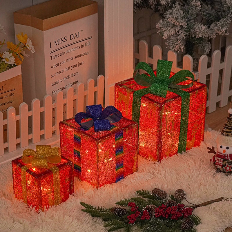Pre-Lit Christmas Gift Boxes Outdoor Decoration - Set of 3 with LED Lights