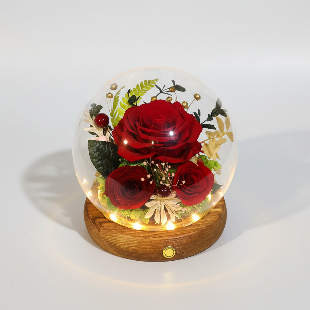 Preserved Rose Glass Dome with Integrated LED Lights