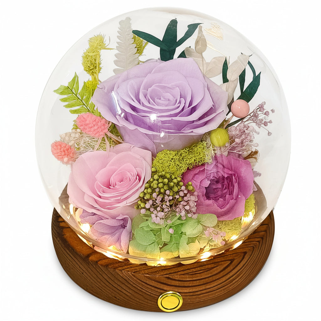 Preserved Rose Glass Dome with Integrated LED Lights