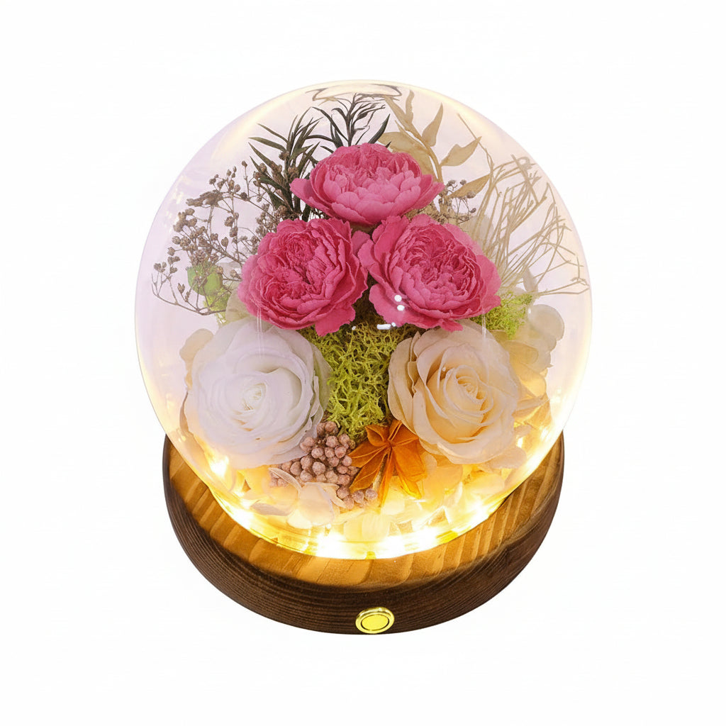 Preserved Rose Glass Dome with Integrated LED Lights