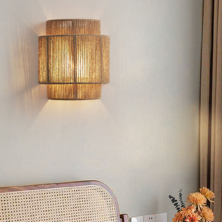 Rattan Rope Wall Sconce - Tiered Cylinder Shade - Coastal Modern Lighting - Image 3