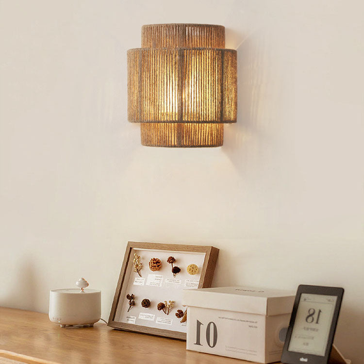 Rattan Rope Wall Sconce - Tiered Cylinder Shade - Coastal Modern Lighting - Image 4