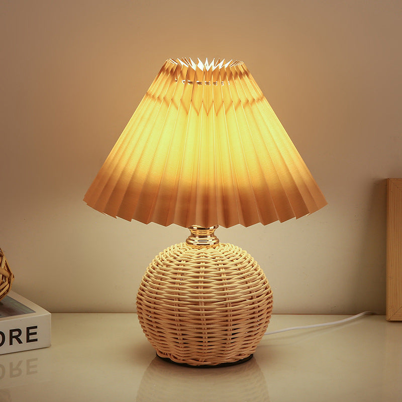 Rattan Sphere Table Lamp - Stylish Pleated Fabric Shade - Conic Design - USB Powered - Image 1