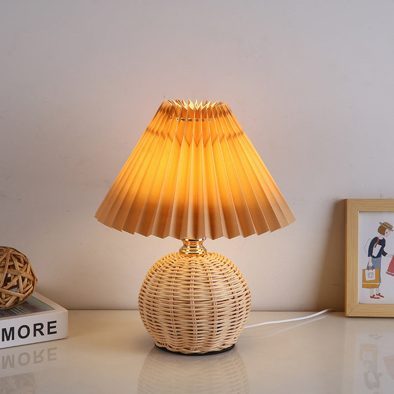 Rattan Sphere Table Lamp - Stylish Pleated Fabric Shade - Conic Design - USB Powered - Image 10