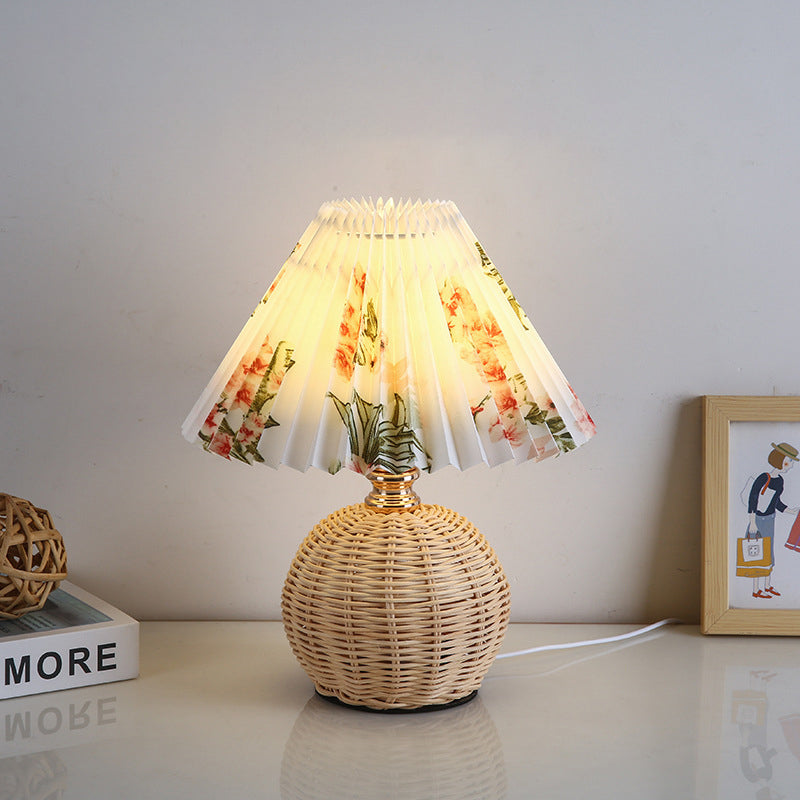Rattan Sphere Table Lamp - Stylish Pleated Fabric Shade - Conic Design - USB Powered - Image 11