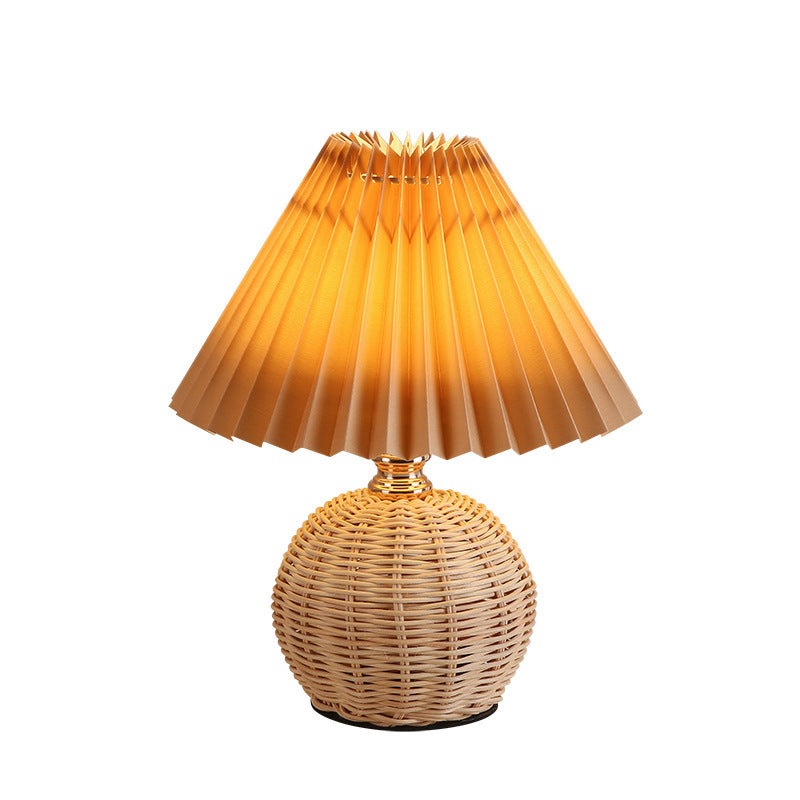 Rattan Sphere Table Lamp - Stylish Pleated Fabric Shade - Conic Design - USB Powered - Image 2