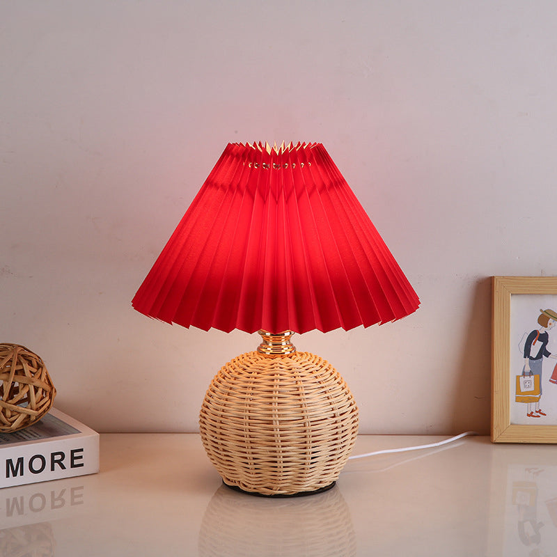 Rattan Sphere Table Lamp - Stylish Pleated Fabric Shade - Conic Design - USB Powered - Image 3