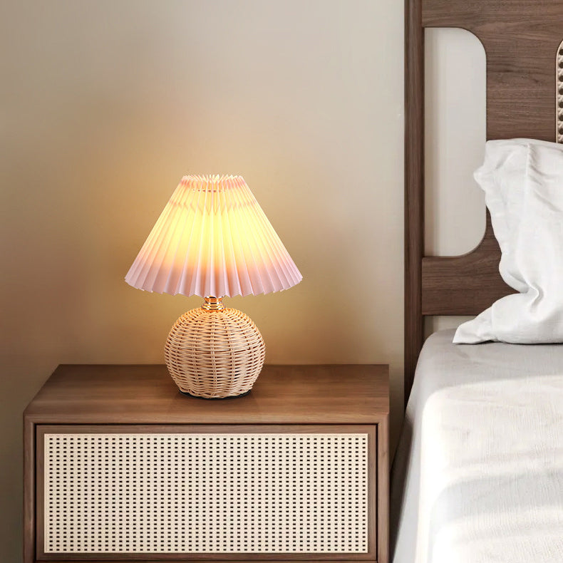 Rattan Sphere Table Lamp - Stylish Pleated Fabric Shade - Conic Design - USB Powered - Image 5