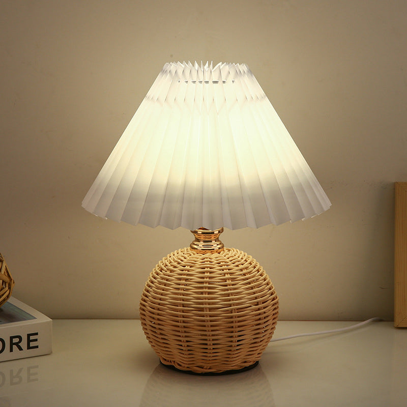 Rattan Sphere Table Lamp - Stylish Pleated Fabric Shade - Conic Design - USB Powered - Image 6