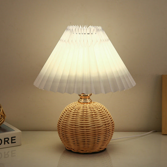 Rattan Sphere Table Lamp - Stylish Pleated Fabric Shade - Conic Design - USB Powered - Image 6