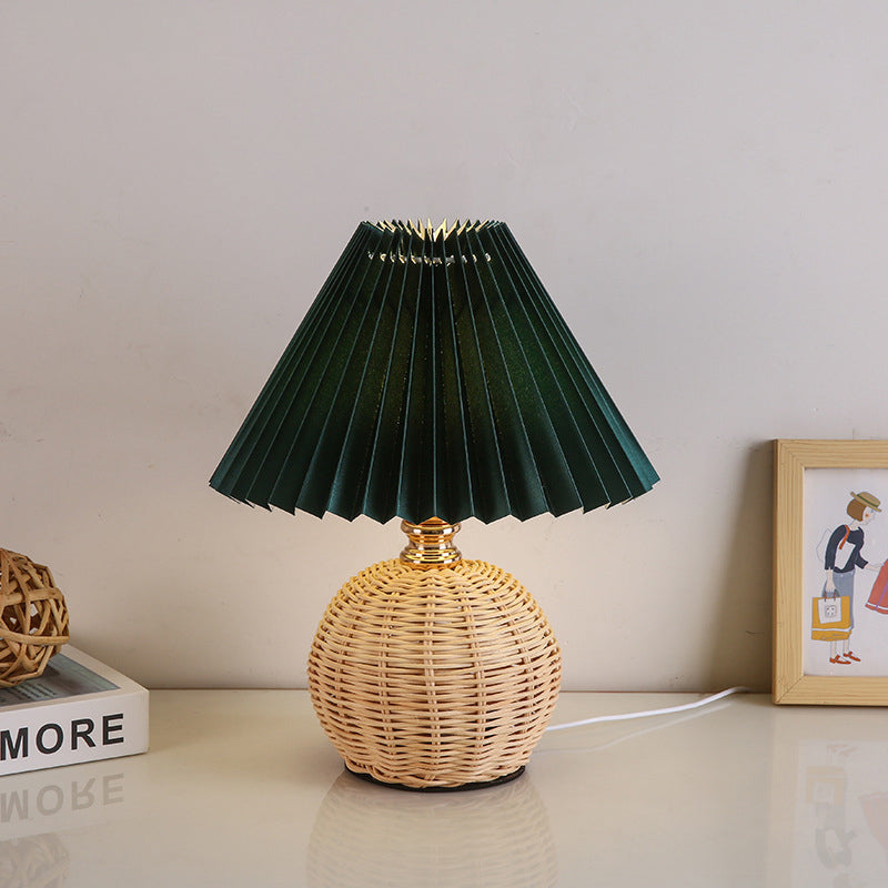 Rattan Sphere Table Lamp - Stylish Pleated Fabric Shade - Conic Design - USB Powered - Image 7