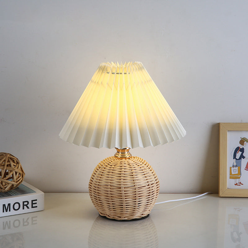 Rattan Sphere Table Lamp - Stylish Pleated Fabric Shade - Conic Design - USB Powered - Image 8