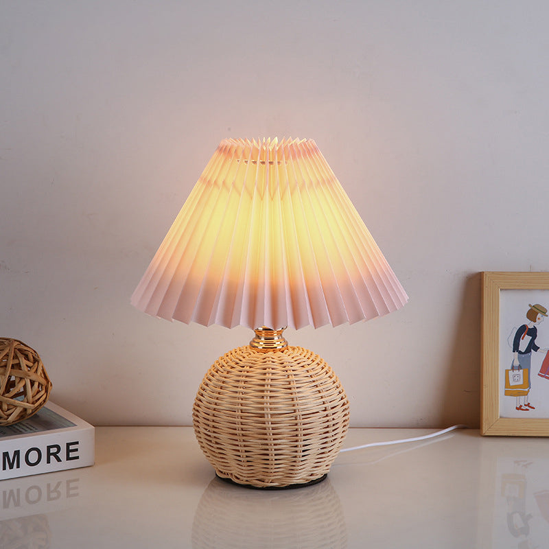 Rattan Sphere Table Lamp - Stylish Pleated Fabric Shade - Conic Design - USB Powered - Image 9