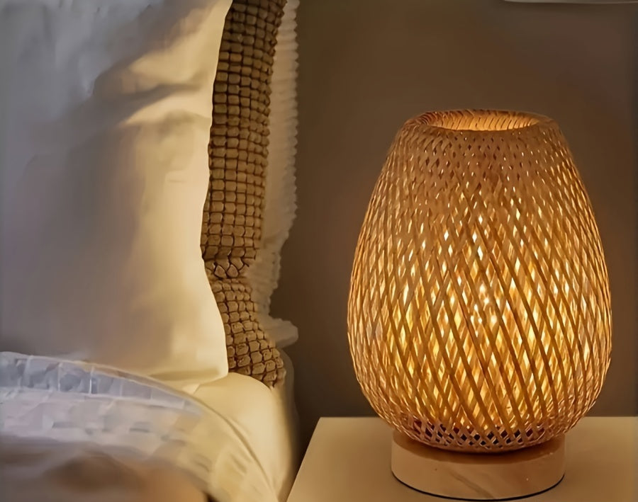Rattan Table Lamp - Boho Nightstand Lamp - Wooden Base - Woven Design - Image 1