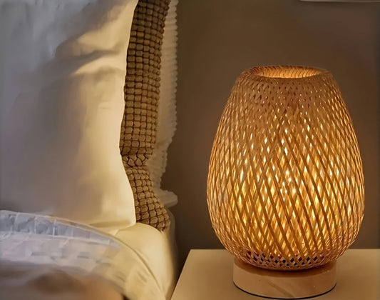 Rattan Table Lamp - Boho Nightstand Lamp - Wooden Base - Woven Design - Image 1
