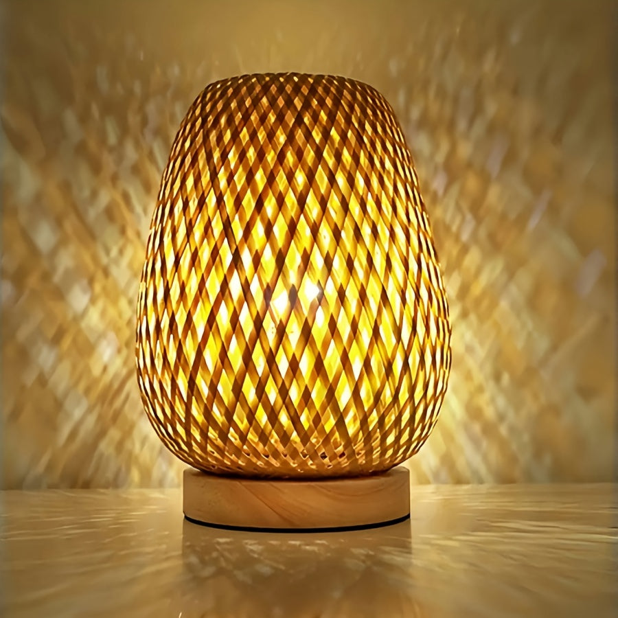 Rattan Table Lamp - Boho Nightstand Lamp - Wooden Base - Woven Design - Image 2
